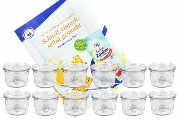 MamboCat Einmachglas 12er Set Weck Gläser 80ml Sturzgläser mit 12 Glasdeckeln inkl. Gelierzauber Rezeptheft von Diamantzucker