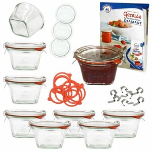 MamboCat Einmachglas 9er Set Weck Quentin 290 ml + 9 Glasdeckeldeckel + 9 Einkochringe + 18 Klammern mit Rezeptheft